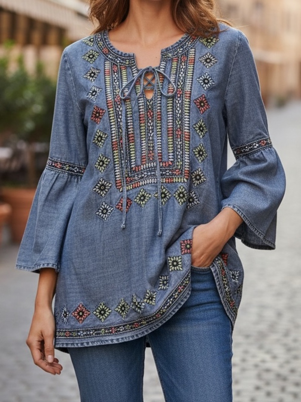 Tolani Embroidered Chambray Tunic Top Bell Sleeves Size Small